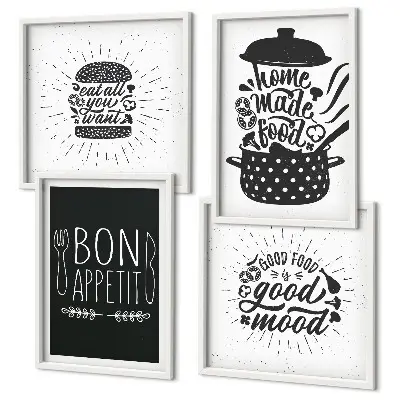 Mur de tableaux graphiques avec slogans culinaires et illustrations d'aliments