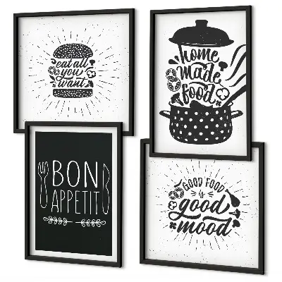 Mur de tableaux graphiques avec slogans culinaires et illustrations d'aliments