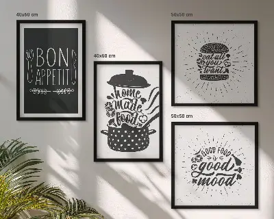 Mur de tableaux graphiques avec slogans culinaires et illustrations d'aliments