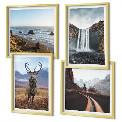 Tableau polyptyque 4 cadres représentant des paysages de montagne, cascades, cerfs et plages