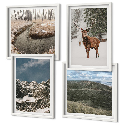 Ensemble de 4 tableaux Paysage de forêt de cerfs enneigés de montagne