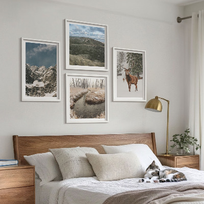 Ensemble de 4 tableaux Paysage de forêt de cerfs enneigés de montagne