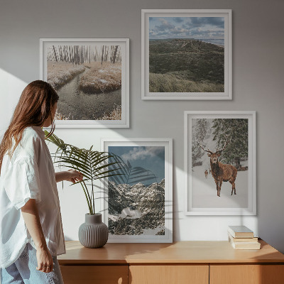 Ensemble de 4 tableaux Paysage de forêt de cerfs enneigés de montagne