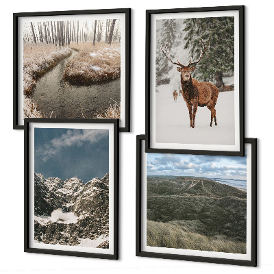 Ensemble de 4 tableaux Paysage de forêt de cerfs enneigés de montagne