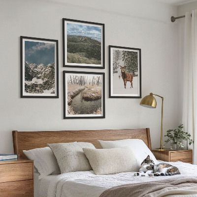 Ensemble de 4 tableaux Paysage de forêt de cerfs enneigés de montagne