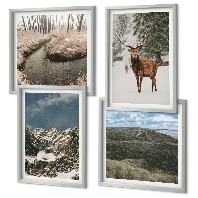 Ensemble de 4 tableaux Paysage de forêt de cerfs enneigés de montagne