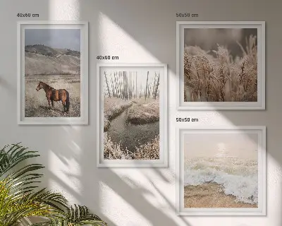 Mur de tableaux chevaux dans un paysage de forêt d'herbes marines