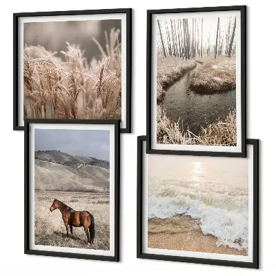 Mur de tableaux chevaux dans un paysage de forêt d'herbes marines