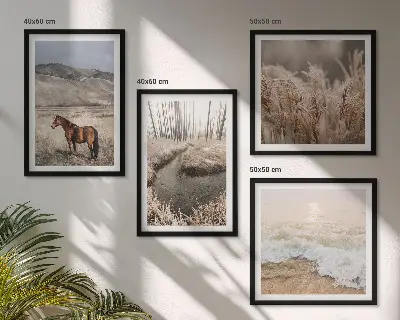Mur de tableaux chevaux dans un paysage de forêt d'herbes marines