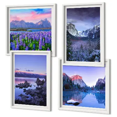 Polyptyque de 4 cadres paysages de montagne avec champ de fleurs et eau