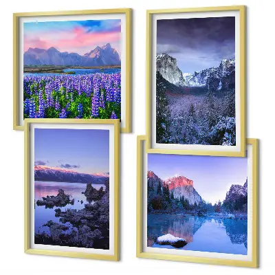 Polyptyque de 4 cadres paysages de montagne avec champ de fleurs et eau