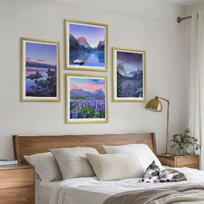Polyptyque de 4 cadres paysages de montagne avec champ de fleurs et eau
