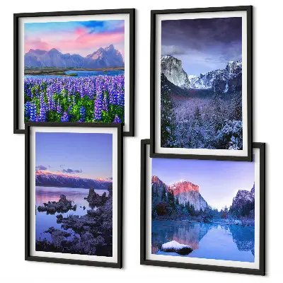 Polyptyque de 4 cadres paysages de montagne avec champ de fleurs et eau