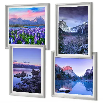 Polyptyque de 4 cadres paysages de montagne avec champ de fleurs et eau