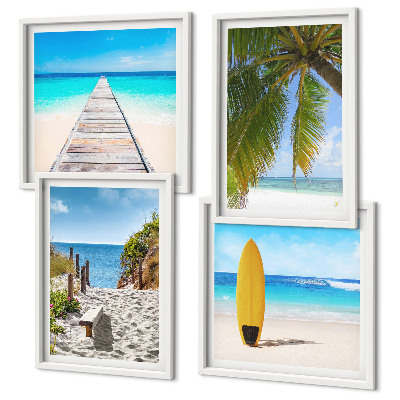 Ensemble de 4 tableaux Vue de vacances sur la plage et les palmiers