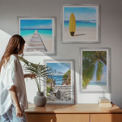 Ensemble de 4 tableaux Vue de vacances sur la plage et les palmiers