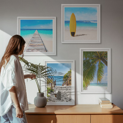 Ensemble de 4 tableaux Vue de vacances sur la plage et les palmiers