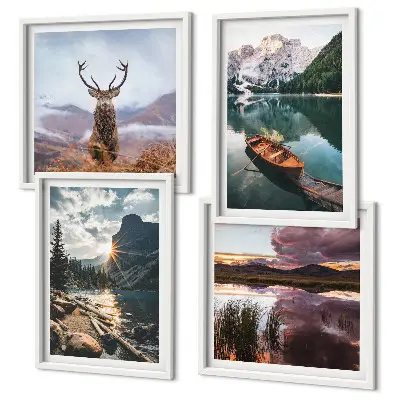 Tableau polyptyque 4 cadres lac de montagne avec bateau, coucher de soleil et cerf