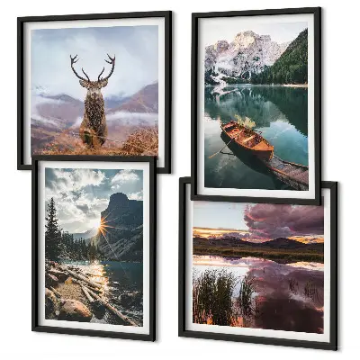 Tableau polyptyque 4 cadres lac de montagne avec bateau, coucher de soleil et cerf