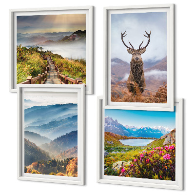 Ensemble de 4 tableaux Lac paysage montagneux cerf