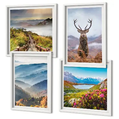 Ensemble de 4 tableaux représentant un paysage de lac avec montagnes et cerf