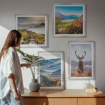 Ensemble de 4 tableaux Lac paysage montagneux cerf
