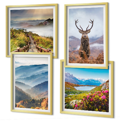 Ensemble de 4 tableaux Lac paysage montagneux cerf
