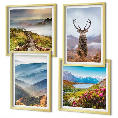 Ensemble de 4 tableaux représentant un paysage de lac avec montagnes et cerf