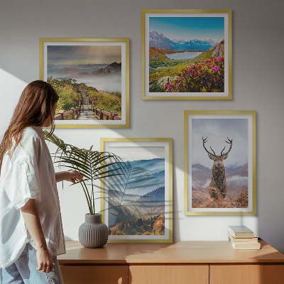 Ensemble de 4 tableaux Lac paysage montagneux cerf