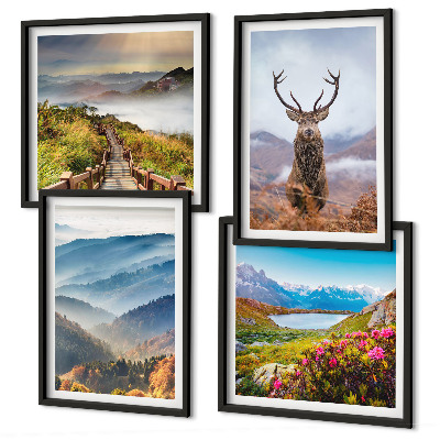 Ensemble de 4 tableaux Lac paysage montagneux cerf