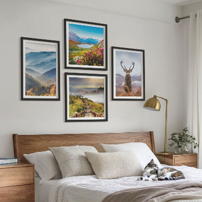 Ensemble de 4 tableaux Lac paysage montagneux cerf