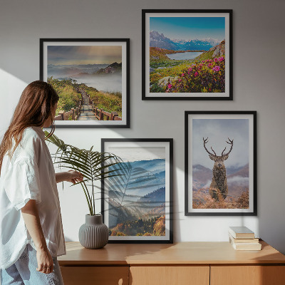 Ensemble de 4 tableaux Lac paysage montagneux cerf
