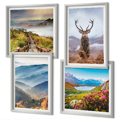 Ensemble de 4 tableaux Lac paysage montagneux cerf