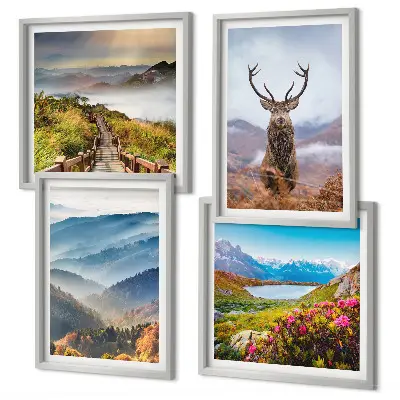 Ensemble de 4 tableaux représentant un paysage de lac avec montagnes et cerf