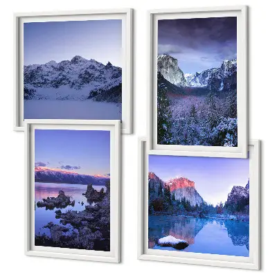 Mur de tableaux paysages de montagne avec coucher de soleil au bord de l'eau