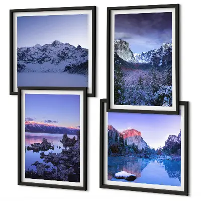 Mur de tableaux paysages de montagne avec coucher de soleil au bord de l'eau