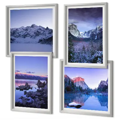 Mur de tableaux paysages de montagne avec coucher de soleil au bord de l'eau
