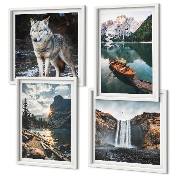 Ensemble de 4 tableaux Montagnes lacs cascade loup