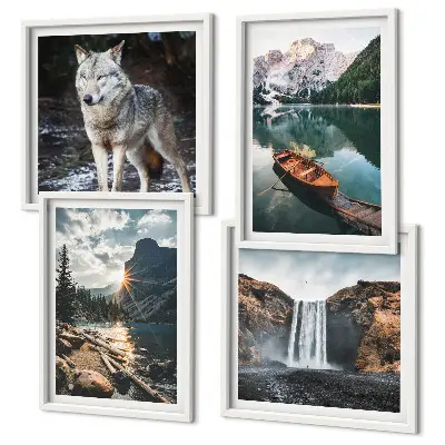 Ensemble de 4 tableaux montagnes, lacs, cascade et loup
