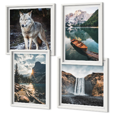 Ensemble de 4 tableaux Montagnes lacs cascade loup