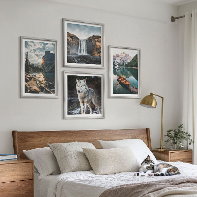 Ensemble de 4 tableaux Montagnes lacs cascade loup