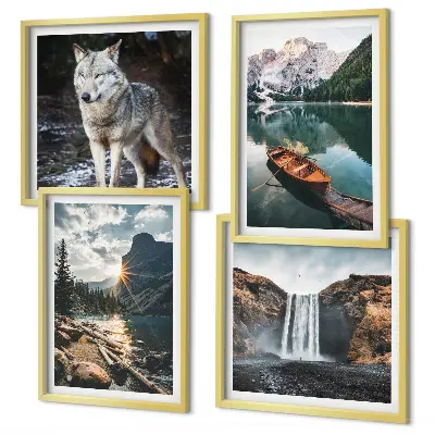 Ensemble de 4 tableaux montagnes, lacs, cascade et loup