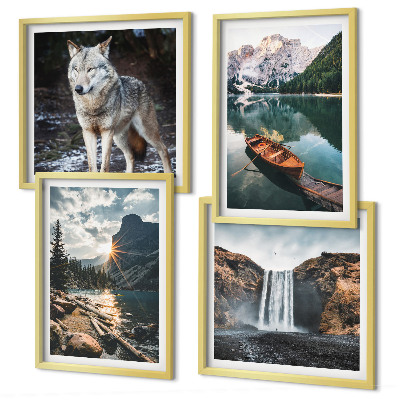 Ensemble de 4 tableaux Montagnes lacs cascade loup