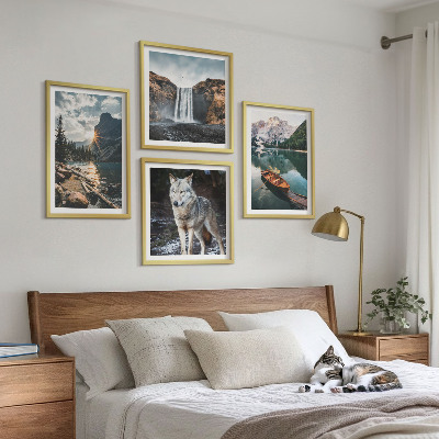 Ensemble de 4 tableaux Montagnes lacs cascade loup