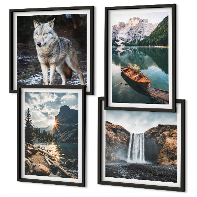 Ensemble de 4 tableaux Montagnes lacs cascade loup