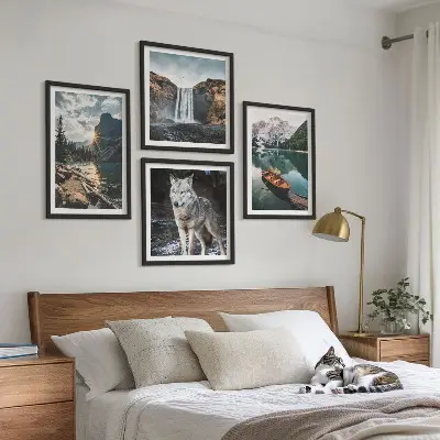 Ensemble de 4 tableaux montagnes, lacs, cascade et loup