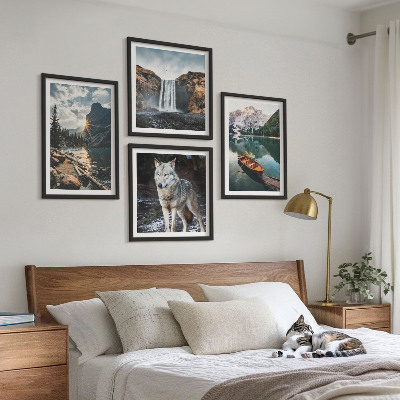 Ensemble de 4 tableaux Montagnes lacs cascade loup