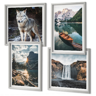 Ensemble de 4 tableaux Montagnes lacs cascade loup