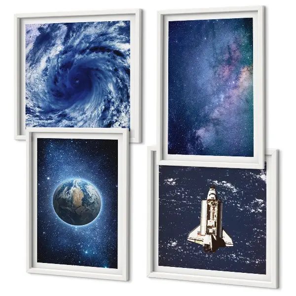 Mur de tableaux sur le thème de la terre, l'espace, la tempête et la galaxie
