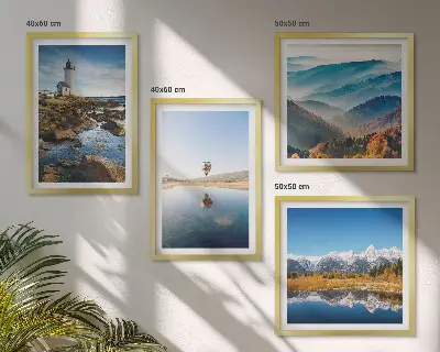 Mur de tableaux vues sur la nature avec phare et montagnes